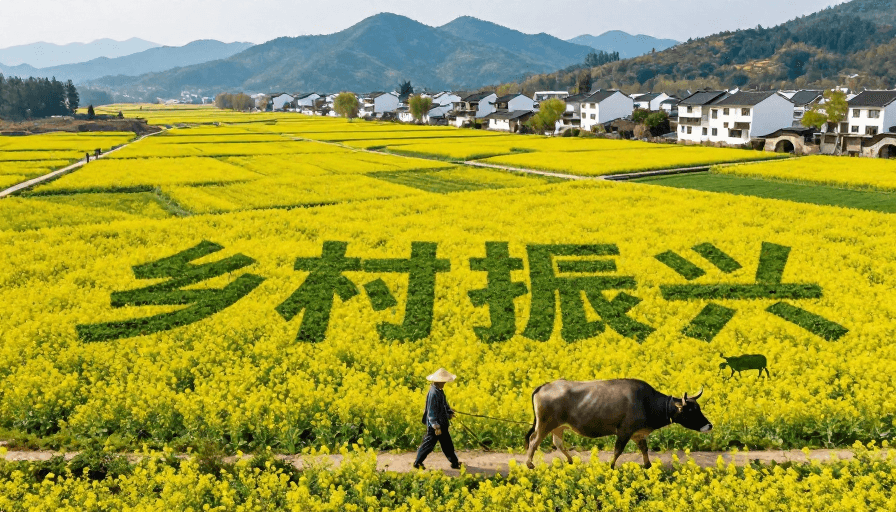 乡村振兴素材：金黄油菜花田中'乡村振兴'字样与农耕场景