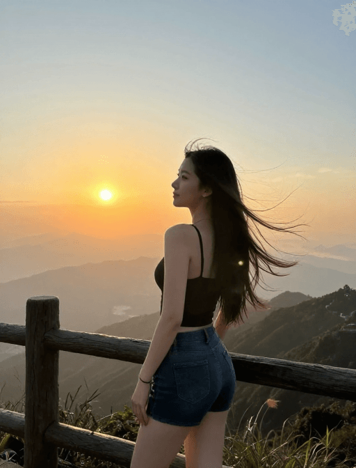 社交媒体素材素材：山顶夕阳邂逅：长发美女与丁达尔光线的浪漫瞬间