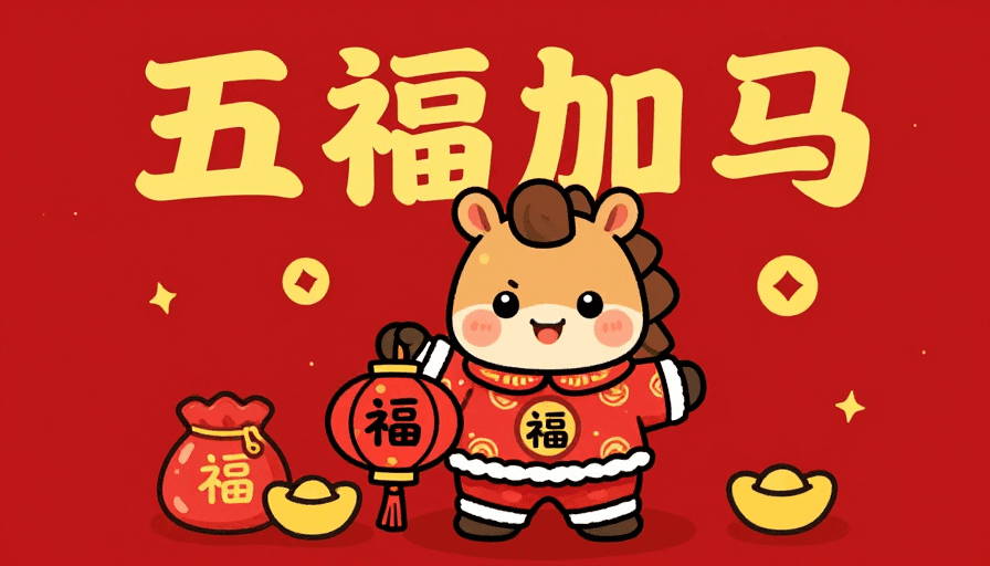 福文化素材：2026马年卡通插画：五福加马喜迎春