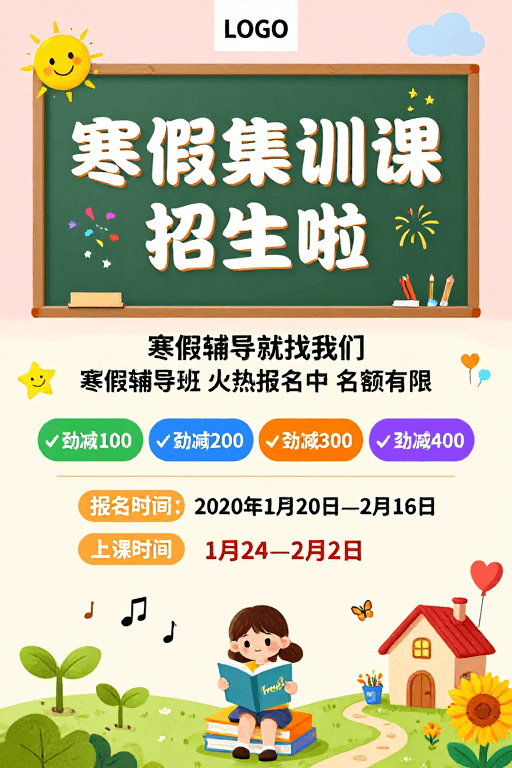 卡通设计素材：童趣风寒假集训班招生海报