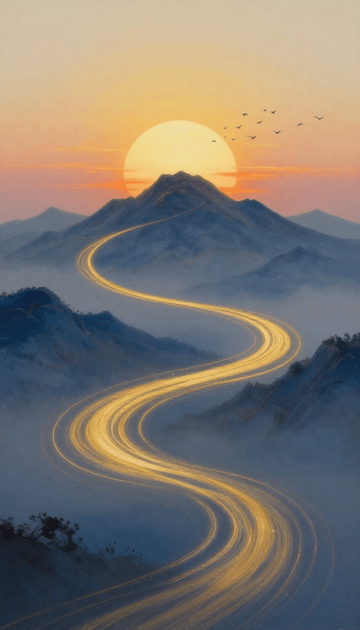 抽象绘画素材：超现实梦境：金辉山脉与光带交织的静谧诗篇