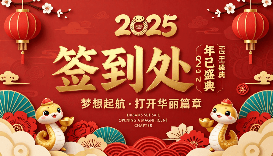 剪纸艺术素材：红色剪纸烫金2025新年签到处海报