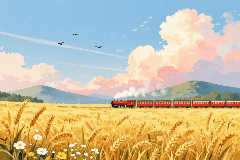 自然元素素材：晨曦麦田与蒸汽火车的治愈风景插画