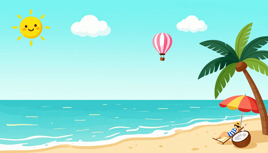 卡通风格素材：夏日海滩插画：清新平涂风的度假背景