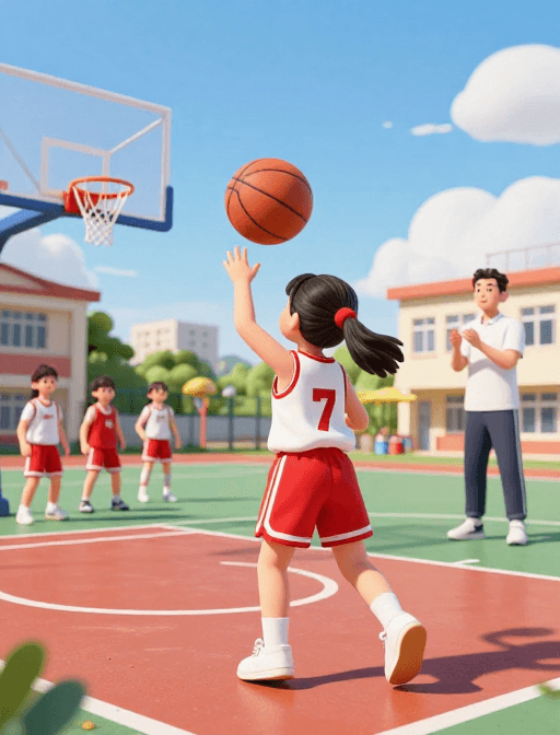 儿童运动素材：超清3D篮球少女：阳光下的校园运动风采