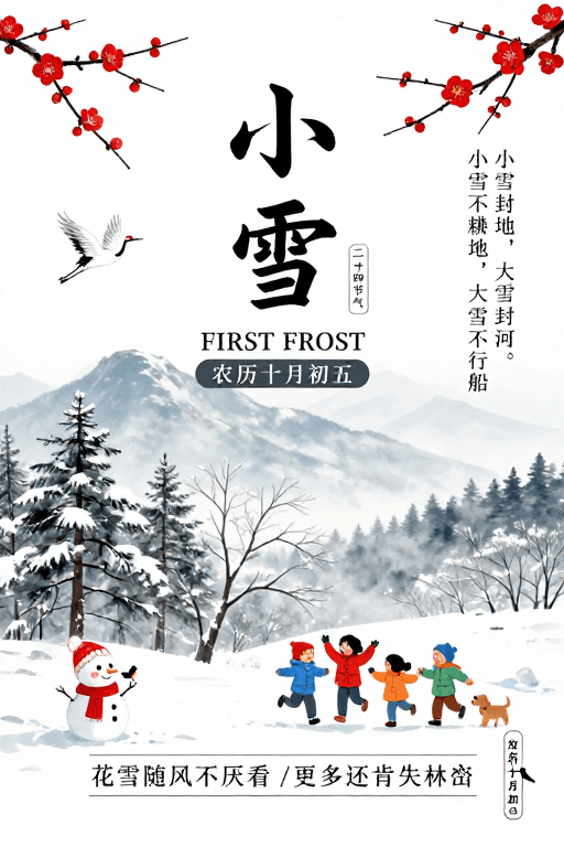 小雪节气素材：中国风小雪节气海报·水墨与童趣的诗意融合