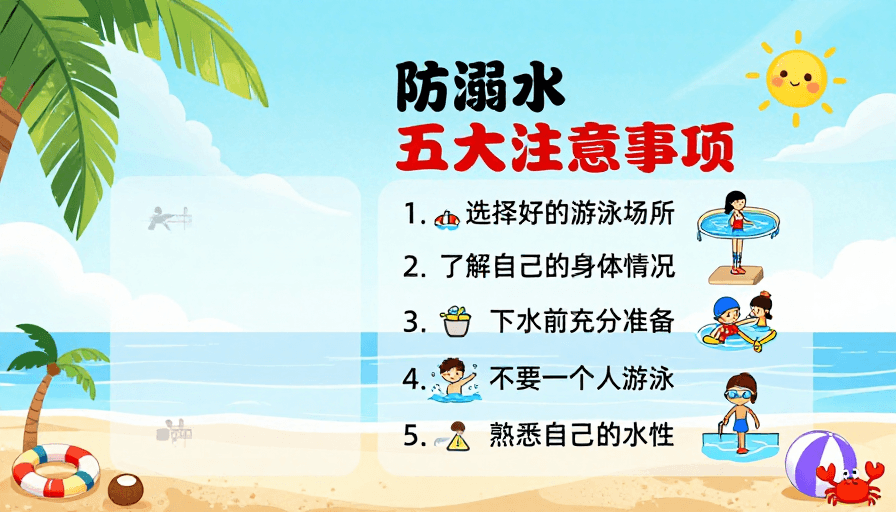 儿童安全素材：清新夏日海滩儿童防溺水教育插画