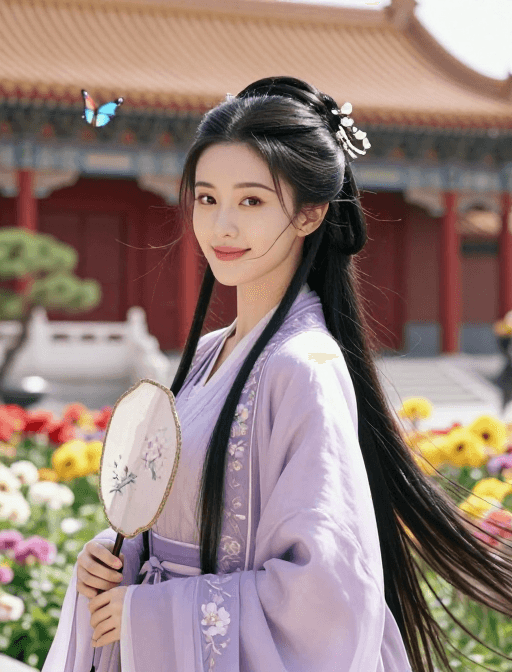 艺术创作素材：古韵佳人：紫薇紫衣宫苑花间回眸笑