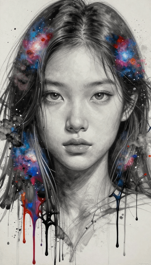 中国女孩素材：中国女孩与星云色彩的超写实抽象画作