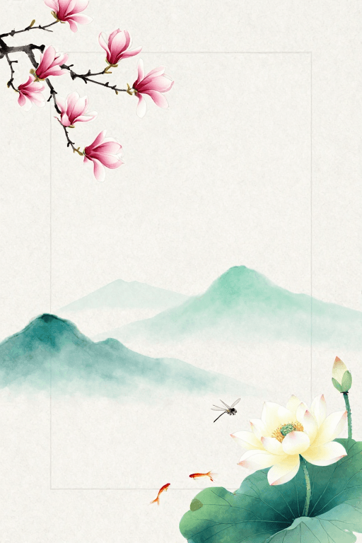 远山青绿素材：清幽国风水墨留白背景，清雅玉兰远山意境