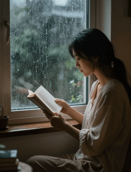 艺术摄影素材：雨夜书香：窗边女子的宁静时光