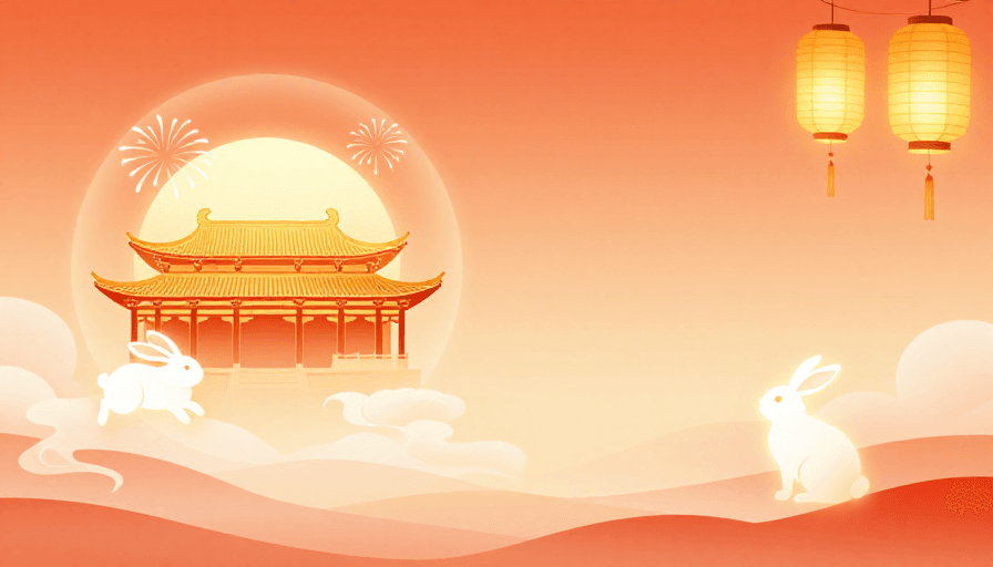 国风插画素材：暖橙渐变下的东方祥瑞兔月图景
