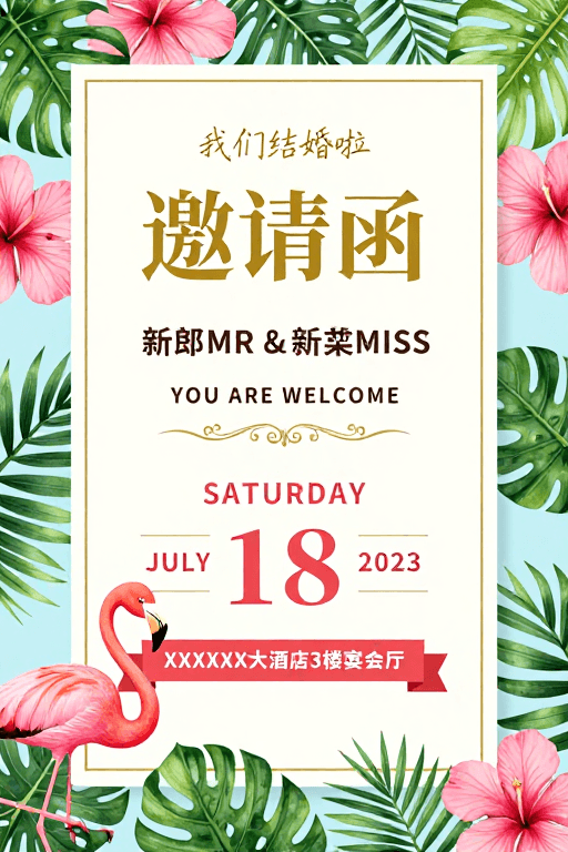 婚礼邀请函素材：热带清新婚礼邀请函设计，浪漫度假风