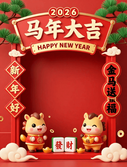 卡通吉祥物素材：马年大吉 2026中国风新年海报