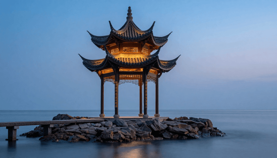 古建筑细节素材：海上孤亭：东方美学与暮色光影的融合
