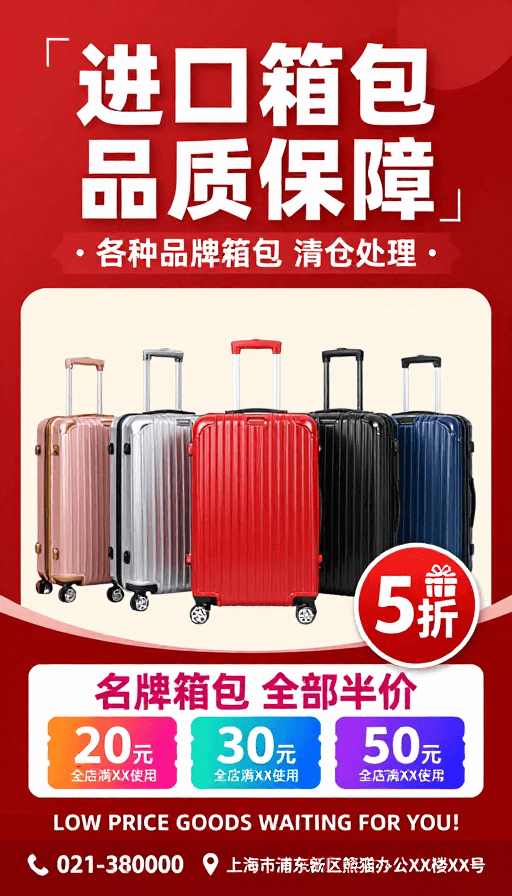 电商海报素材：红色促销海报：进口箱包半价清仓