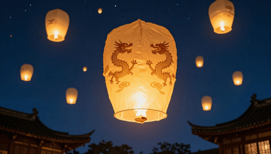 孔明灯素材：龙凤祥云孔明灯升空，夜空中的传统文化盛宴