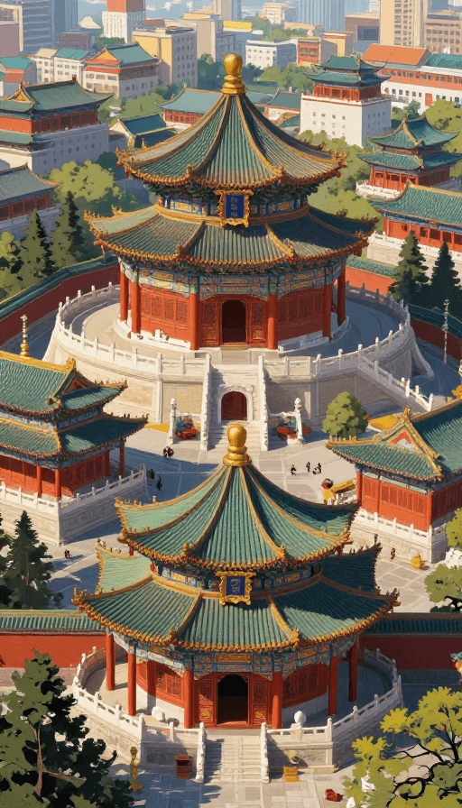 超现实主义素材：超现实CG厚涂：多彩中国古建筑城市俯视图