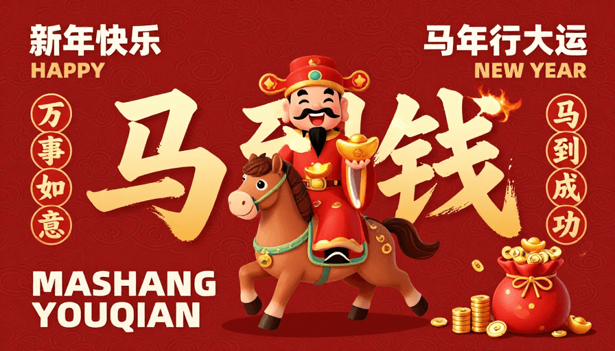 喜庆素材：喜庆红底卡通财神骑马纳福新年海报