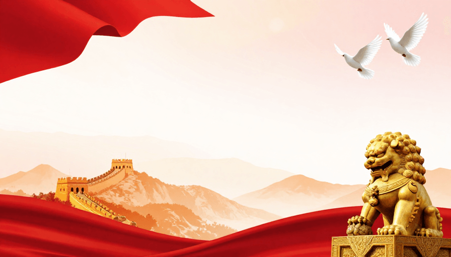 中国风背景素材：红金中国风·和平鸽与长城的庄严背景图