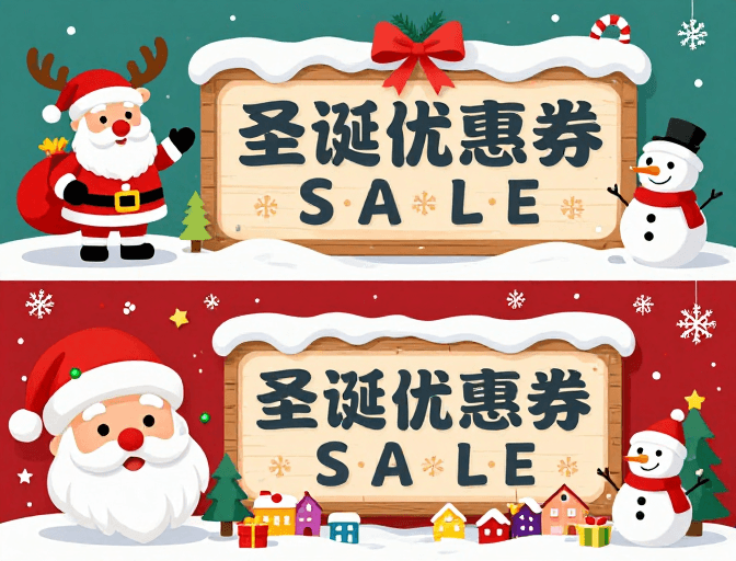 手绘质感素材：圣诞促销海报：双版手绘雪景与红色节日氛围