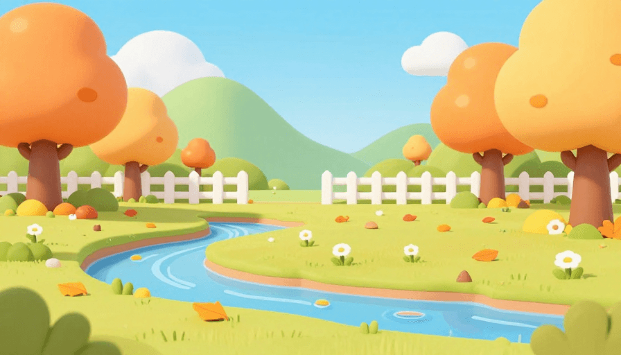 3D卡通风格素材：秋日公园3D卡通：明黄草地溪山