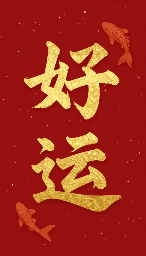 中式美学素材：好运锦鲤宝相花：中式禅意金箔书法