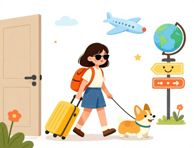 冒险主题素材：橙包少女携爱犬开启童趣冒险之旅