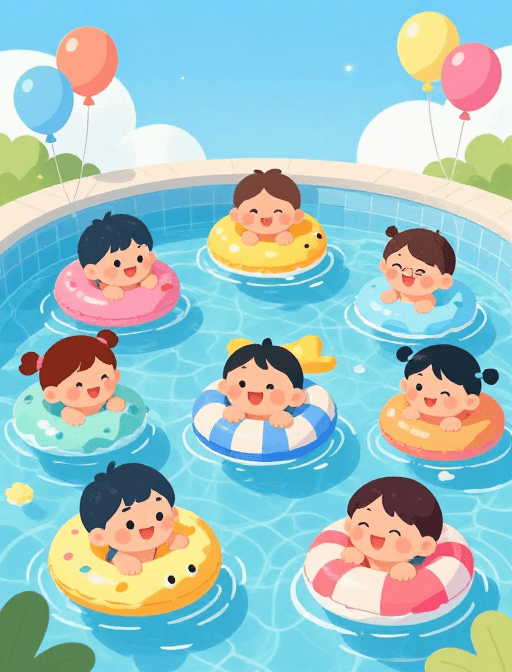 亲子时光素材：童趣卡通泳池嬉戏时光