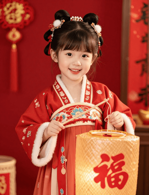 儿童摄影素材：喜庆节日氛围下的可爱汉服小女孩手持福字灯笼特写