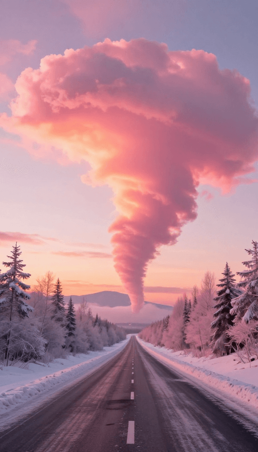 高清壁纸素材：粉色雪景与云端龙卷：梦幻冬日霞光仙境