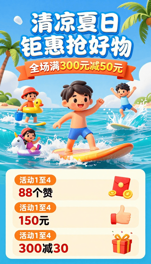 3D卡通素材：夏日清凉狂欢：3D童趣促销海报