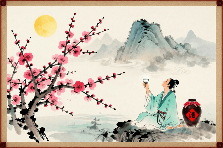 宋代美学素材：古韵文人邀月图：水墨梅花配青袍酒盏