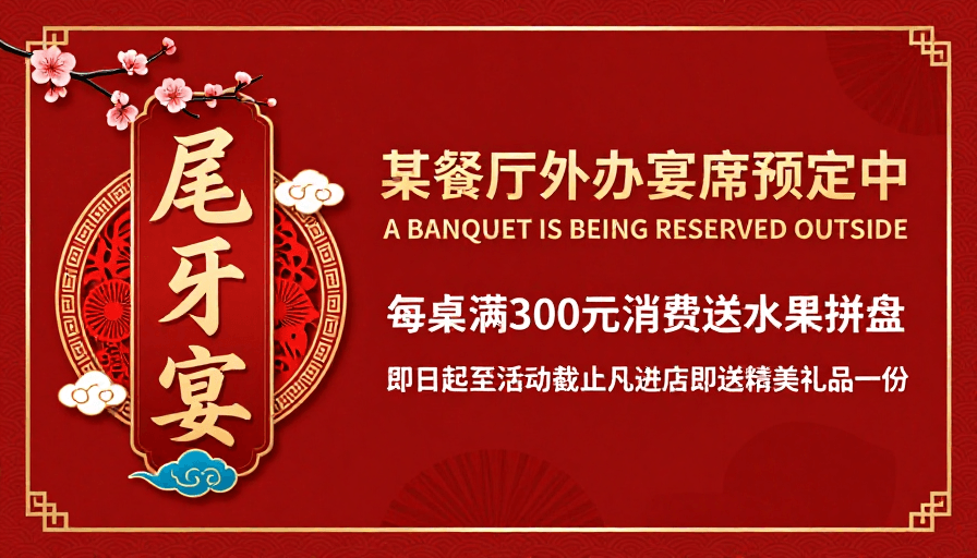 喜庆风格素材：金色尾牙宴：中式宴会庆典宣传海报
