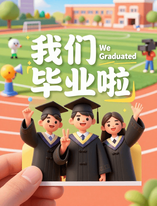 庆祝素材：活力毕业庆典：彩色卡通插画与动感文字