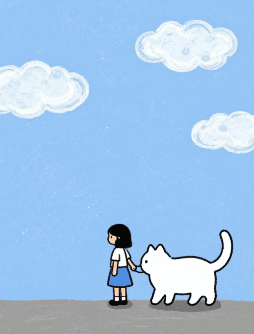 动物伙伴素材：治愈系大白猫与小女孩的蜡笔画时光