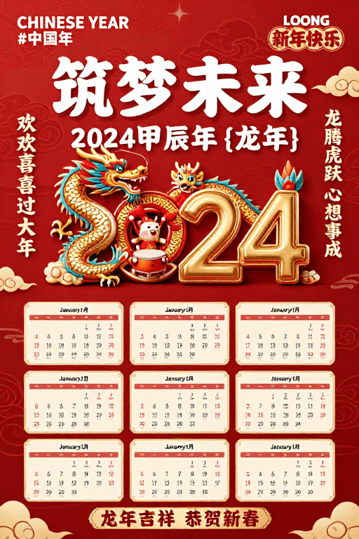 #红色喜庆素材：金祥龙腾·2024中国新年艺术海报