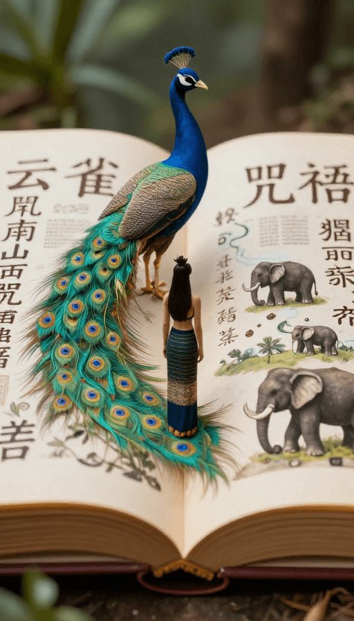 神话场景素材：云南傣族孔雀咒语：古老文字与神兽的3D史诗画卷