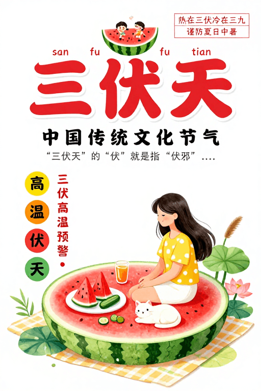 健康宣传海报素材：三伏天：传统节气与现代风清爽夏日海报