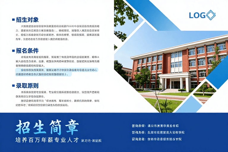 现代风格素材：高校招生简章封面设计：蓝白主调展现学术权威