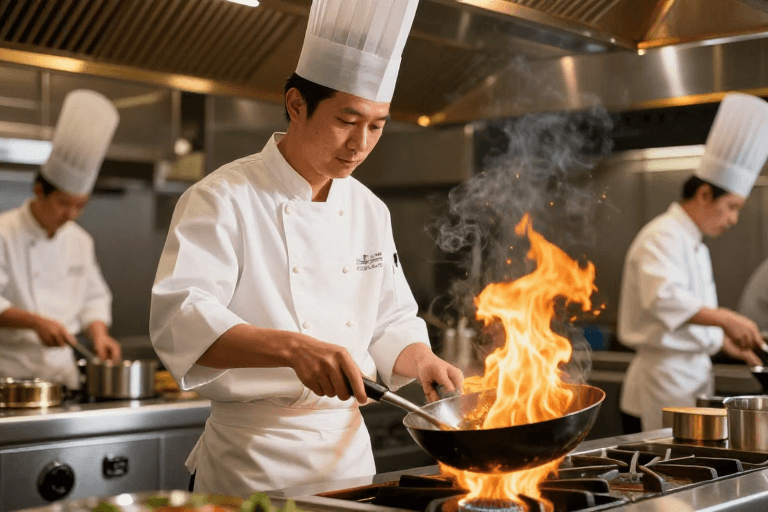 光影艺术素材：专业厨师烈焰烹饪艺术特写