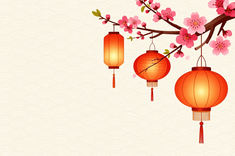 春节元素素材：樱花灯笼东方节庆风插画