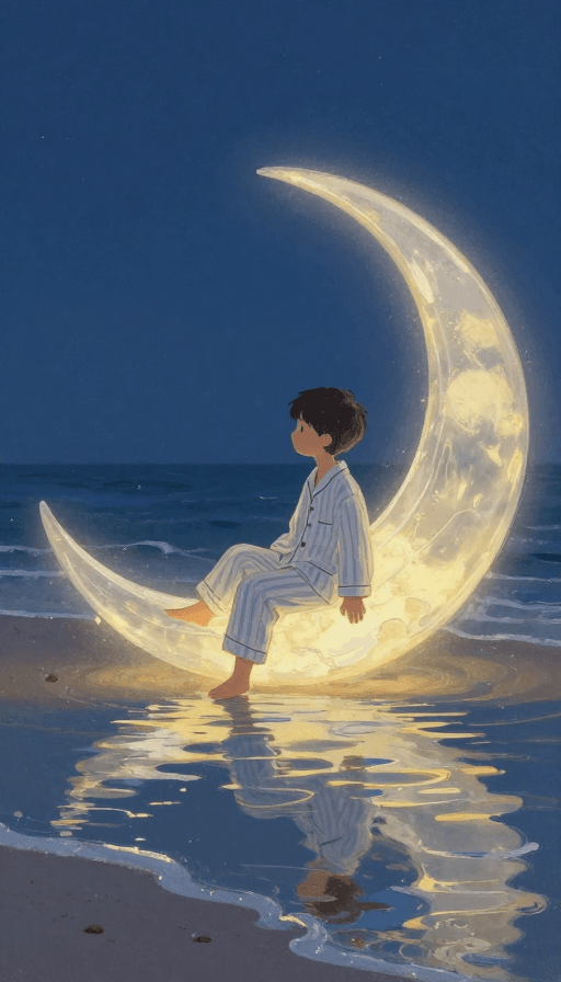 童话氛围素材：梦幻睡衣男孩与发光弯月的治愈夜晚