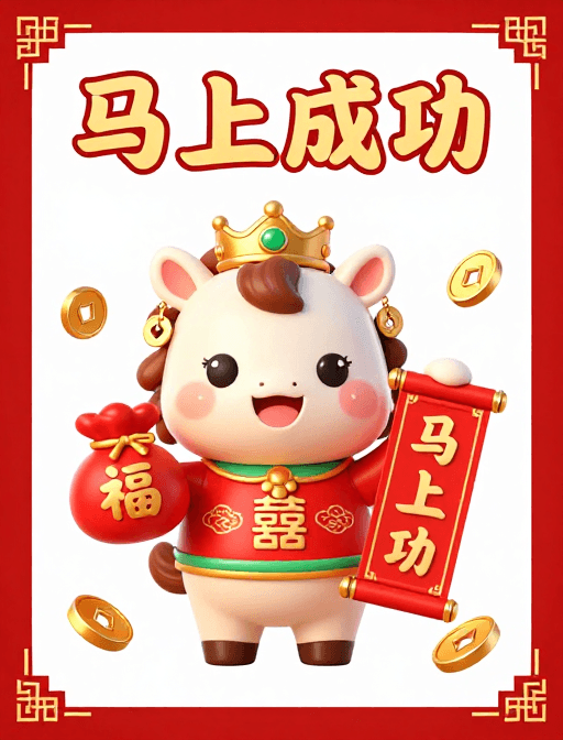 喜庆主题素材：喜庆新年祝福：金色小马与马上成功