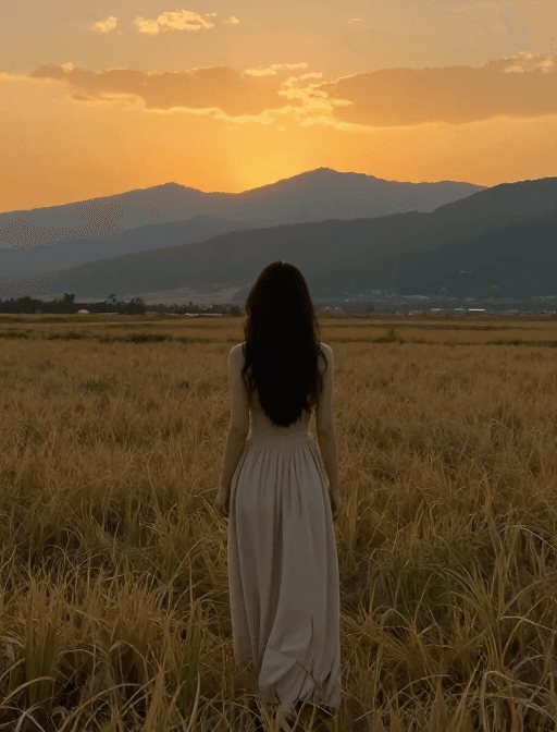 背影剪影素材：夕阳田野中的背影：米色长裙女子与橙黄天空的宁静瞬间