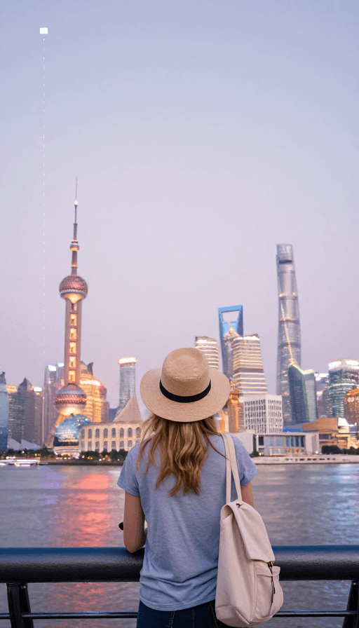 旅行摄影素材：极简上海夜景与旅行者剪影的双重曝光艺术