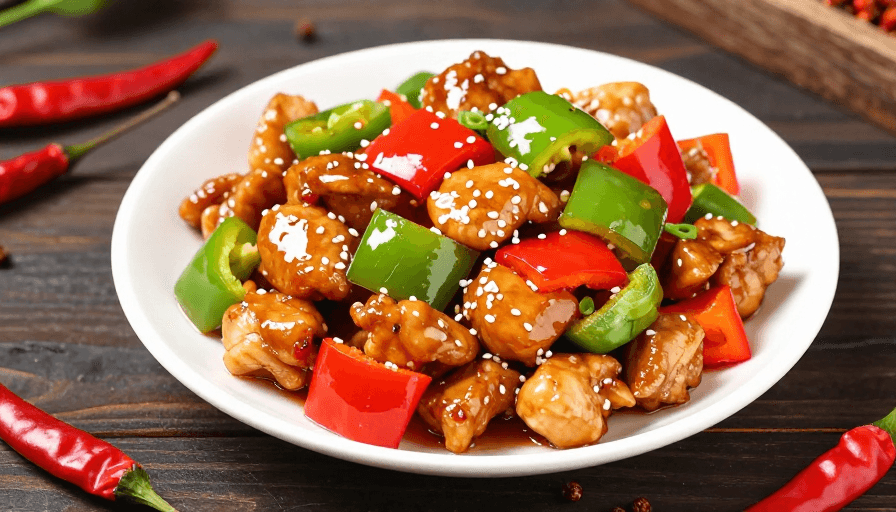 中式料理素材：诱人宫保鸡丁：深木桌上美味佳肴特写