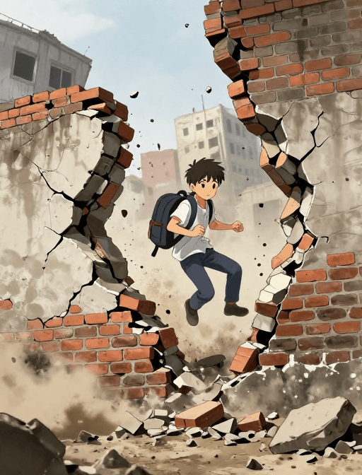 动漫插画素材：超现实动漫：少年坠入地震废墟的震撼瞬间