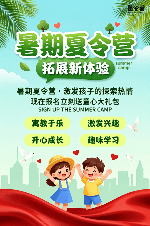 亲子活动素材：夏日童趣夏令营海报设计，清新活泼推广