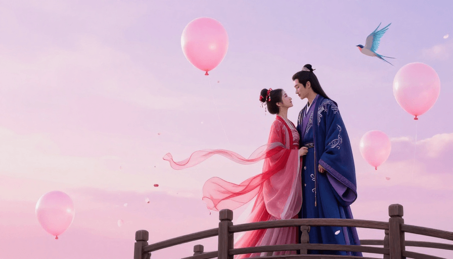 粉紫渐变素材：粉紫古风双人插画，浪漫邂逅梦幻桥景